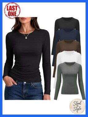 Womens Long Sleeve Crew Neck Fitted Tees Stretch Workout Tops